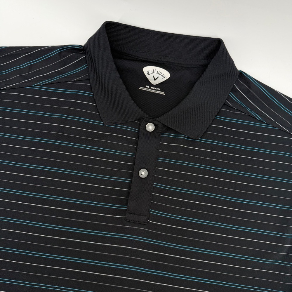 Callaway Polo Shirt Mens XXL Black Teal Striped Short Sleeve Golf Top